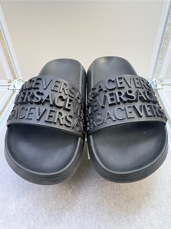 Versace Shoes - Versace  All Over Logo - Black - Rubber Slide Sandals Slip On Shoes - Size 7-7.5